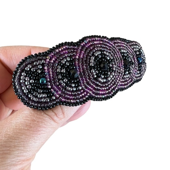 Vintage Seed Beaded Overlapping Circle Hair Clip Purple Black Taiwan 4” - Picture 6 of 13